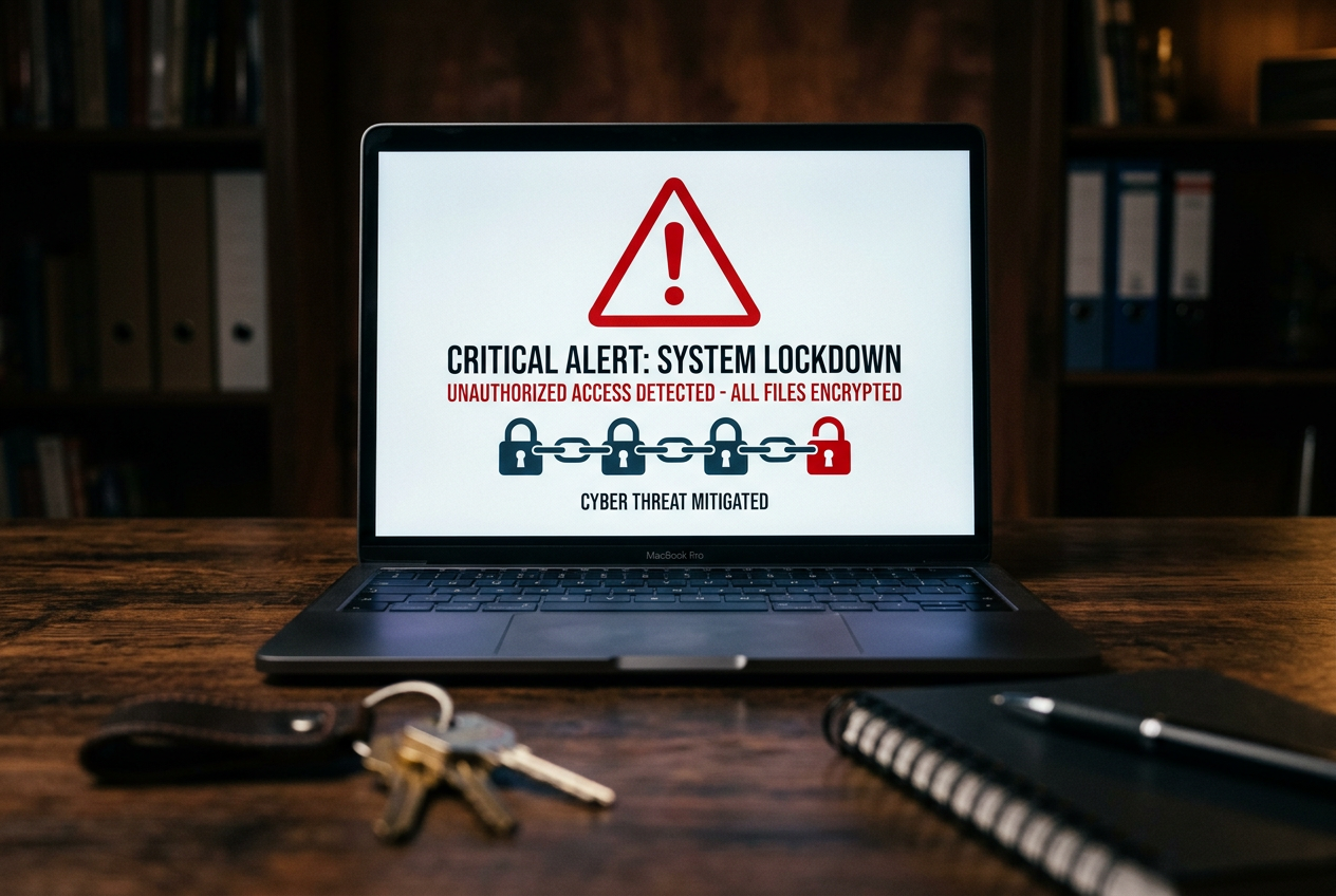 Digital warning signs and locked symbols on a computer screen