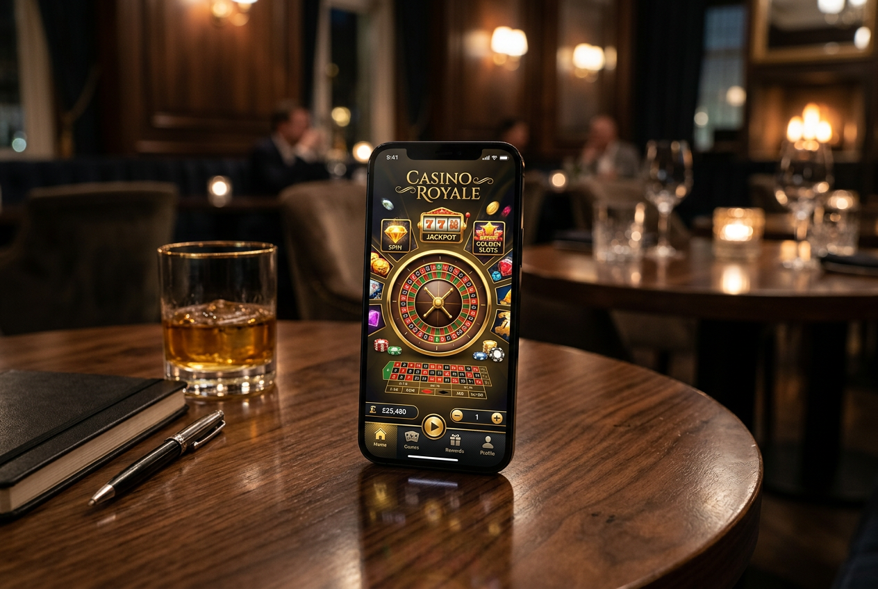 Smartphone displaying a premium online casino interface with roulette and slots